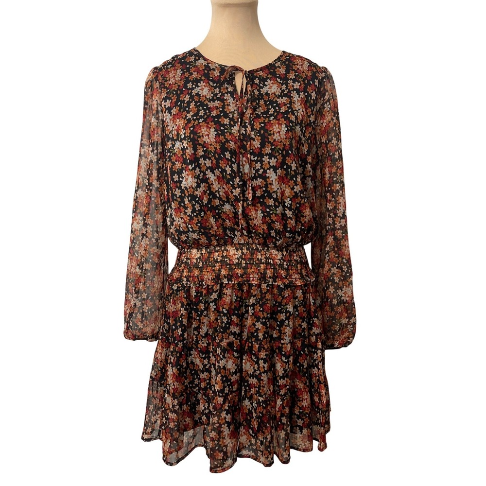 Easel Floral Smocked Waist Tiered Mini Dress S Black Orange Boho Cottagecore